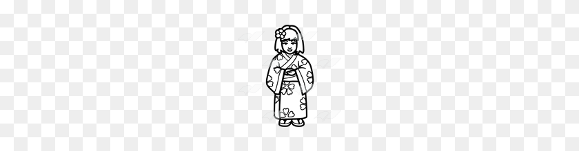 160x160 Abeka Clip Art Girl In Pink Kimono With A Pink Flower In Her Hair - Girl Clipart Black And White