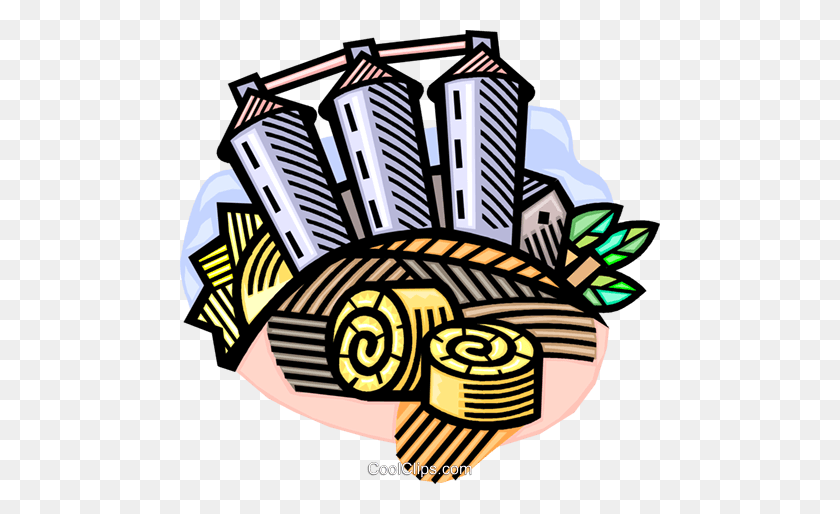 480x454 Agricultural Harvest With Grain Elevators Royalty Free Vector Clip - Elevator Clipart
