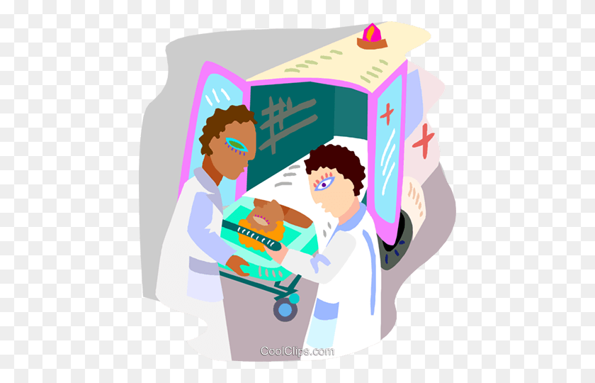 448x480 Ambulance Attendants With A Patient Royalty Free Vector Clip Art - Patient Clipart