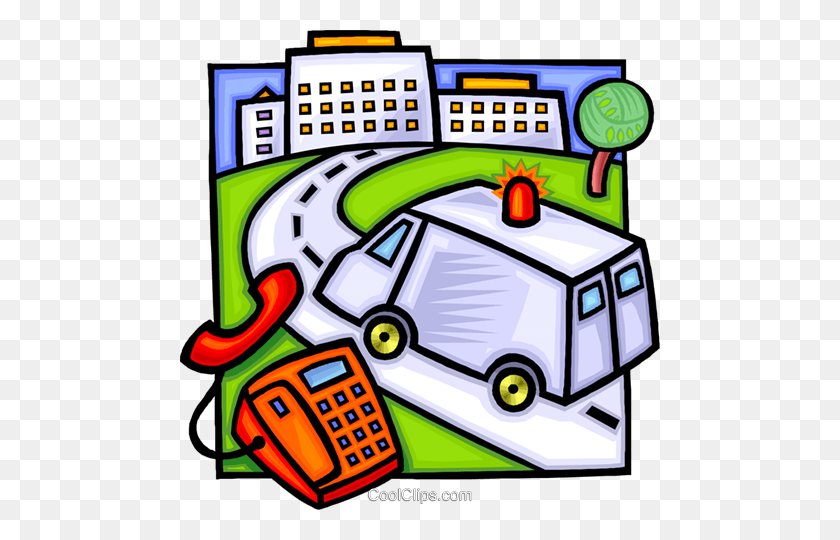 480x480 Ambulance Rushing To The Hospital Royalty Free Vector Clip Art - Hospital Building Clipart