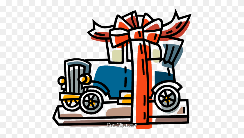 480x415 Antique Car Wrapped As A Present Royalty Free Vector Clip Art - Wrapped Present Clipart