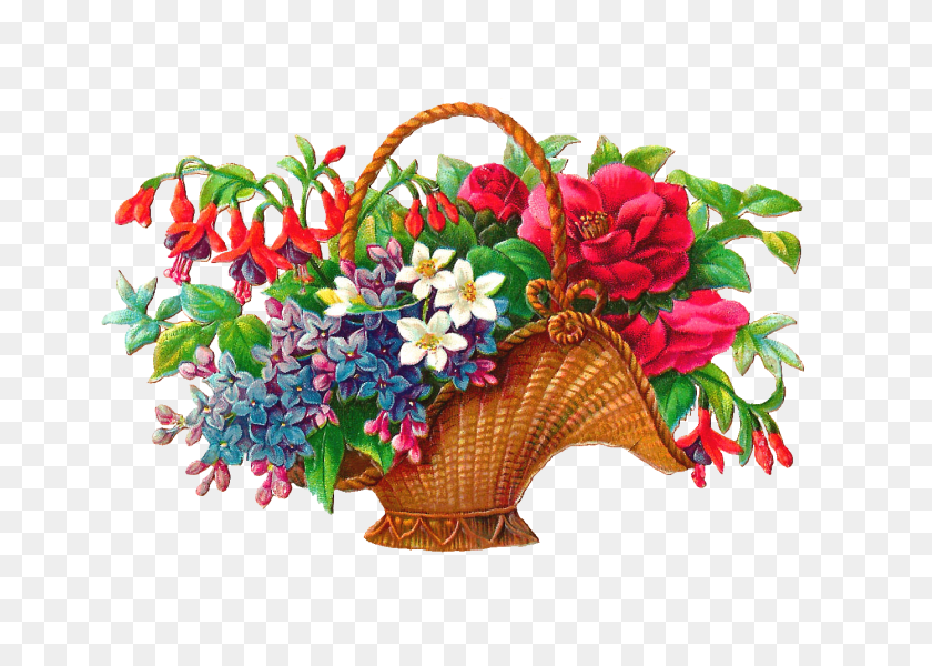 1393x965 Antique Images Free Flower Basket Clip Art Wicket Baskets Full - Basket Of Flowers Clipart