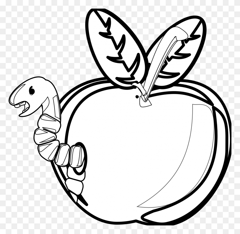 1979x1921 Apple Black And White Rg Cartoon Apple With Worm Black White - Worm Clipart Black And White