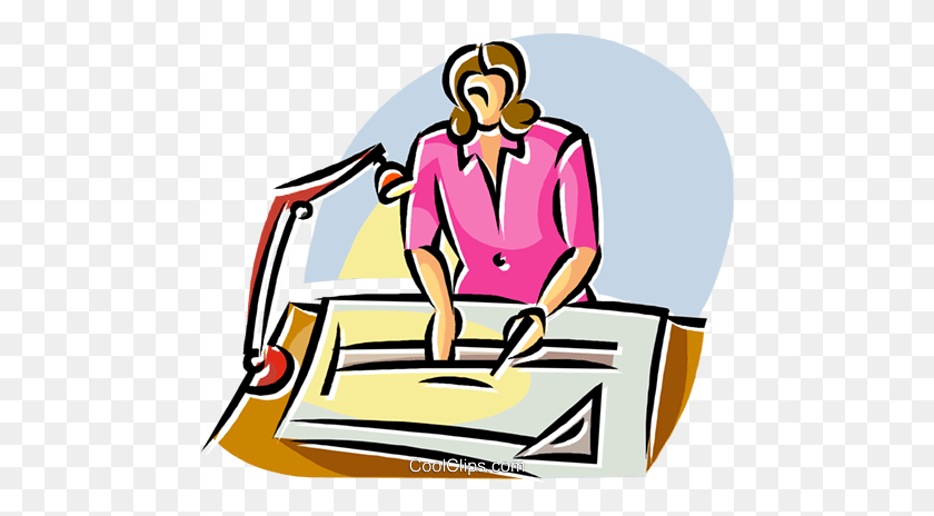 480x404 Architect Working On A Drafting Table Royalty Free Vector Clip Art - Architect Clipart