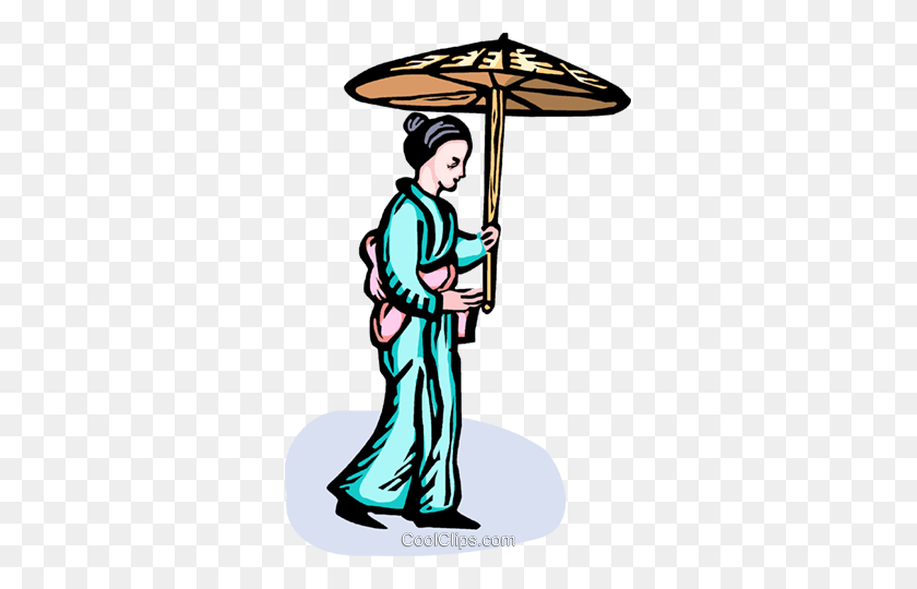 317x480 Mujer Asiática En Un Kimono Con Un Paraguas Royalty Free Vector Clip - Kimono Clipart