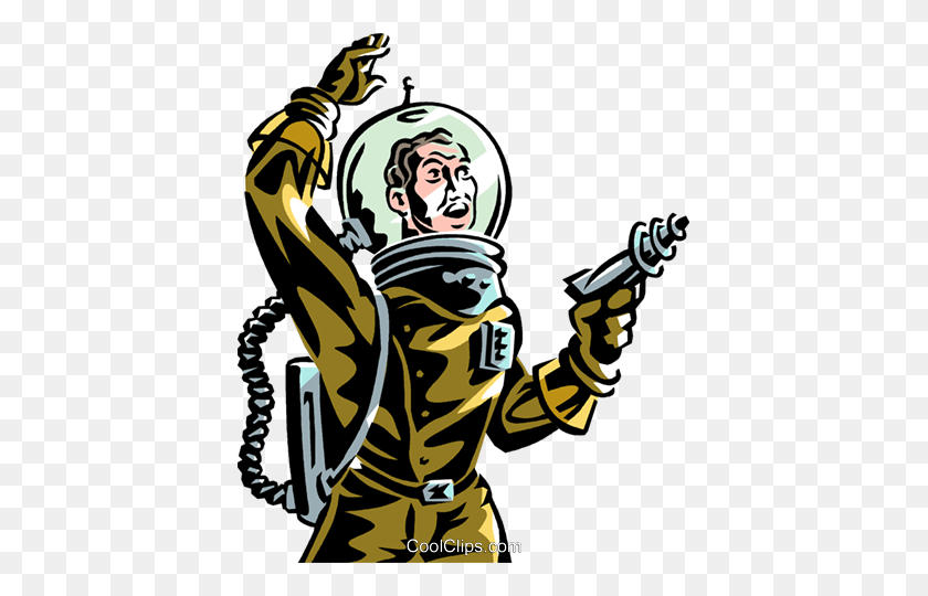 409x480 Astronaut With Ray Gun Science Fiction Royalty Free Vector Clip - Science Fiction Clipart