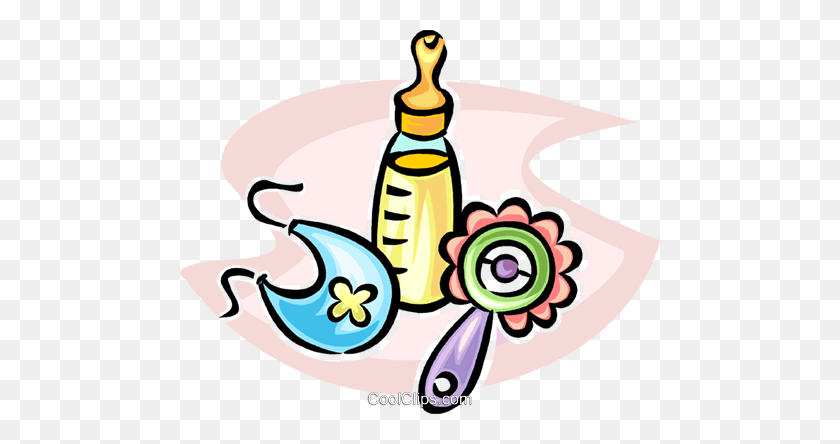 480x384 Baby Bottle, Rattle, And Bib Royalty Free Vector Clip Art - Rattle Clipart