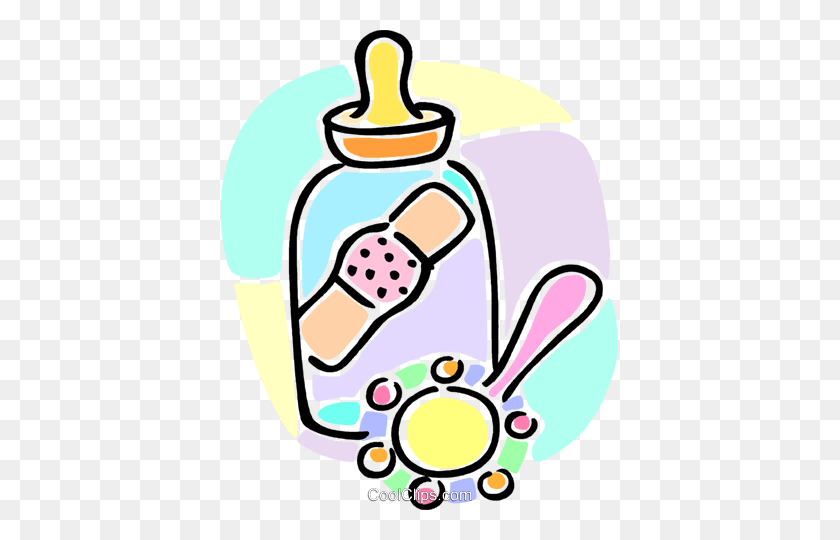 397x480 Baby Bottle With A Band Aid And A Rattle Royalty Free Vector Clip - Bandaid Clipart
