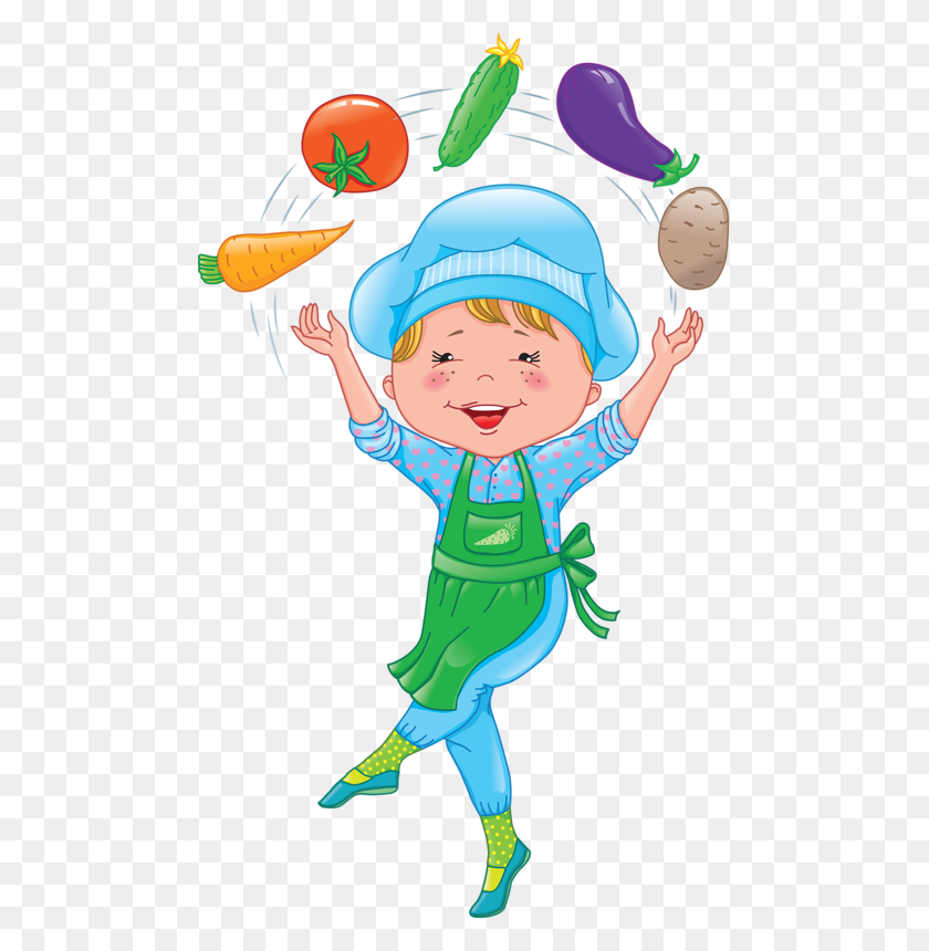 481x800 Baby Cook Juggles Vegetables - Children Cooking Clipart