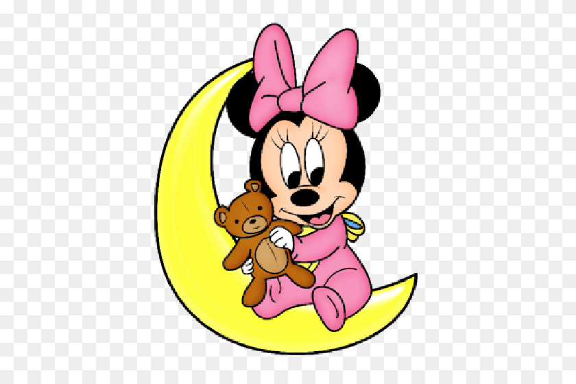 500x500 Bebé Minnie Mouse Sentado En La Luna Amarilla Con Oso De Peluche Disney - Imágenes Prediseñadas De La Luna Amarilla
