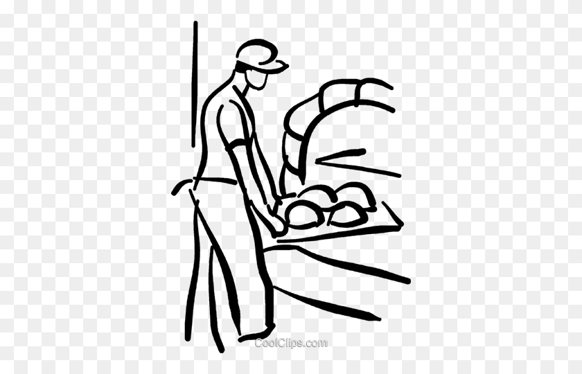 346x480 Baker Putting Bread In Oven Royalty Free Vector Clip Art - Bun In The Oven Clipart