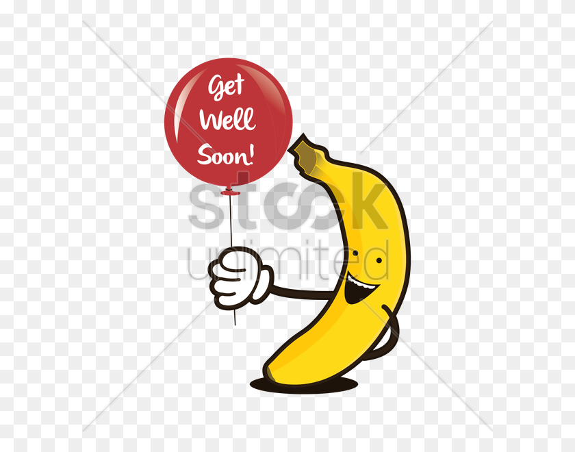 600x600 Banana Character Holding A Balloon With Get Well Soon Vector - Feel Better Soon Clipart