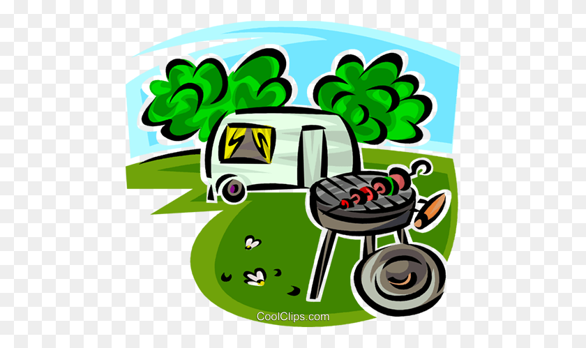 480x439 Barbecue And Camping Trailer Royalty Free Vector Clip Art - Clipart Barbecue