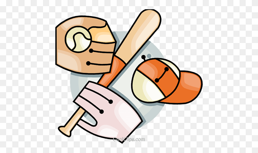 480x438 Baseball Bat, Glove And Cap Royalty Free Vector Clip Art - Baseball Glove Clipart