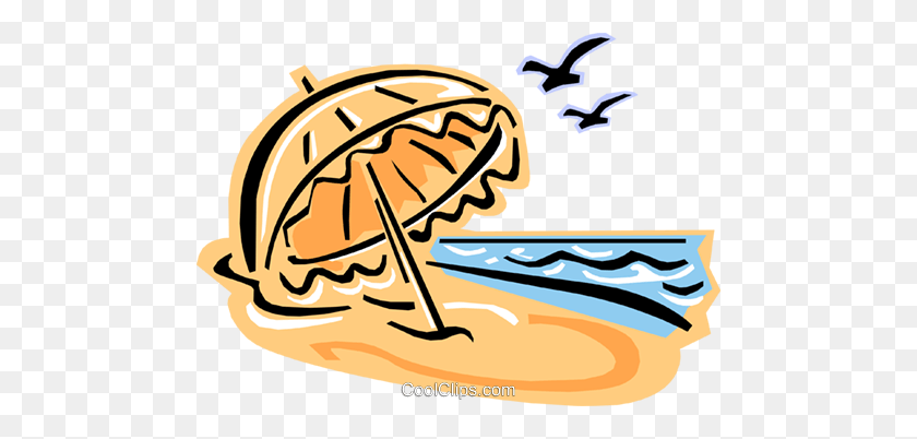 480x342 Beach Umbrella And Birds Royalty Free Vector Clip Art Illustration - Sol Clipart