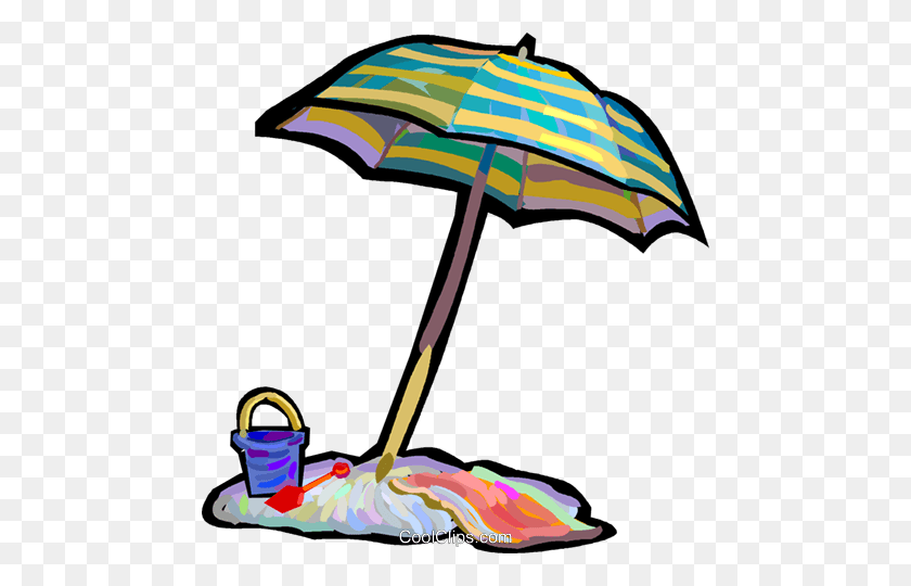 468x480 Beach Umbrella With Pail And Shovel Royalty Free Vector Clip Art - Pail And Shovel Clipart