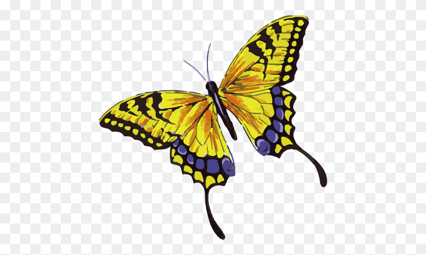 450x442 Hermoso Tatuaje De Mariposa Amarilla Con Puntos Púrpura Acuarela - Mariposa Amarilla Png
