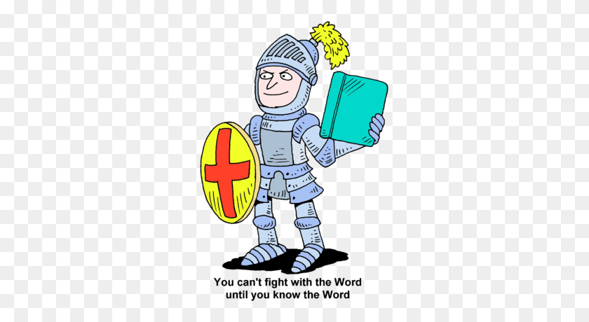 269x400 Bible Sword Clip Art Image Knight In Armor Holding Up Shield - Overcome Clipart