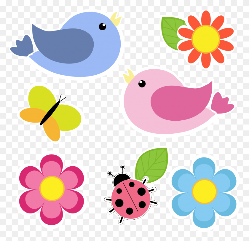 2304x2225 Birds Butterfly Ladybug And Flowers No Background - Easter Background Clipart