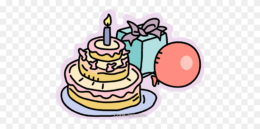 480x357 Birthday Cake, Presents And Balloons Royalty Free Vector Clip Art - Party Food Clipart