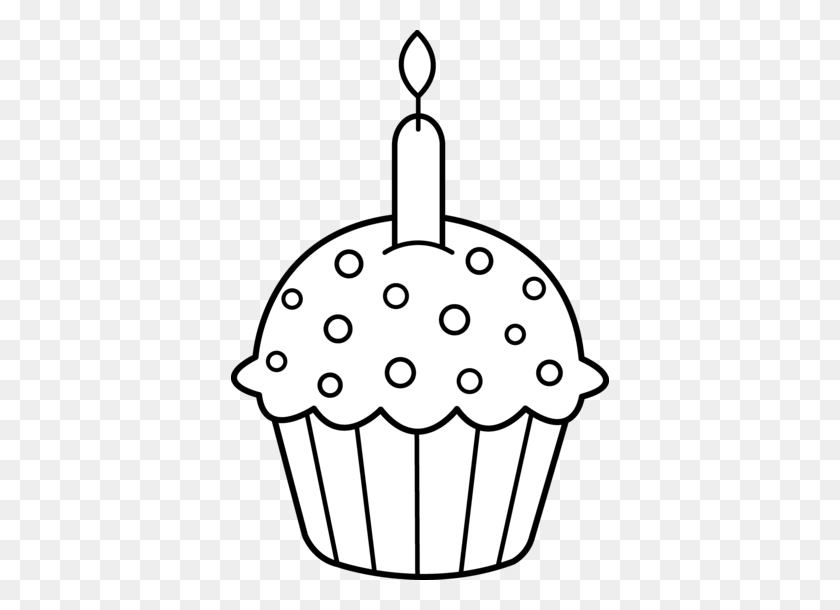 378x550 Cupcake De Cumpleaños Para Colorear Página - Imágenes Prediseñadas De Panadería En Blanco Y Negro