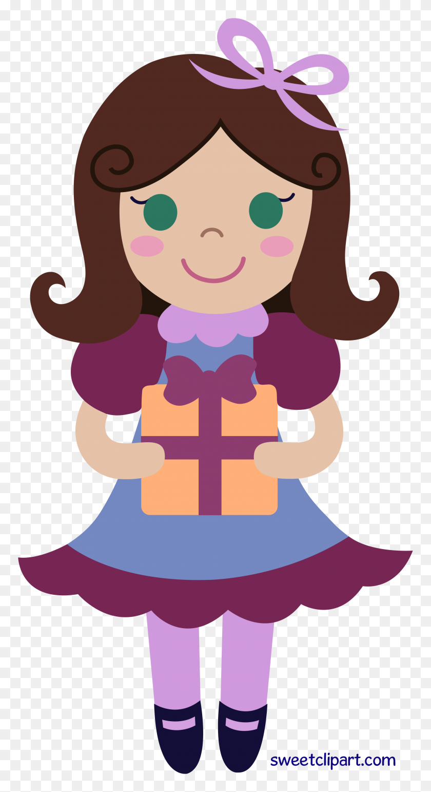 2606x4954 Birthday Girl With Gift Clip Art - Sweet Treat Clipart
