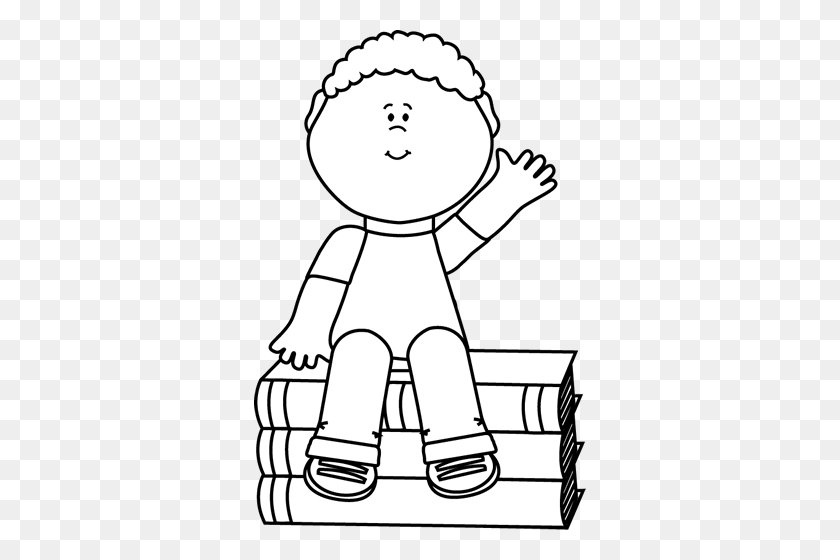 332x500 Black And White Boy Sitting On Books And Waving Clip Art - Teacher Clipart Black And White