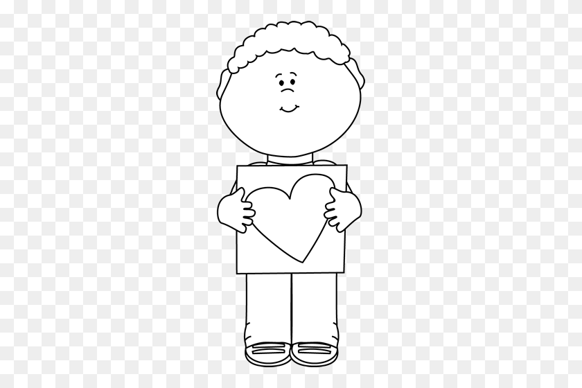 215x500 Black And White Boy With Valentine Heart Drawing Clip Art - Valentine Heart Clipart Black And White