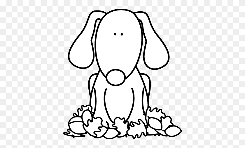 408x449 Black And White Dog Sitting In Leaves Clip Art - Seasons Clipart Black And White