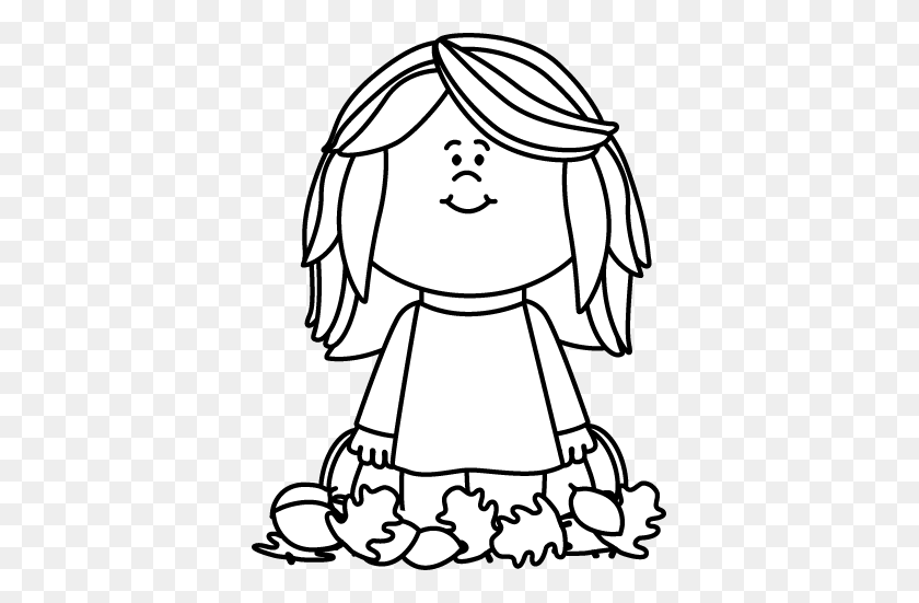 379x491 Black And White Girl Sitting In Leaves Clipart - Girl Clipart Black And White