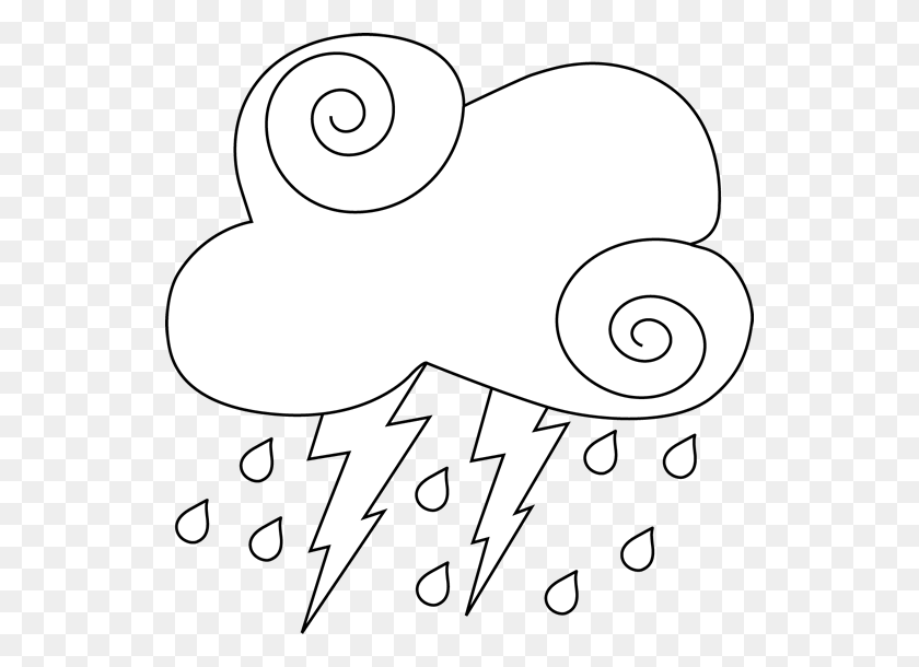 538x550 Black And White Lightning And Rain Cloud Clip Art - Spring Rain Clipart