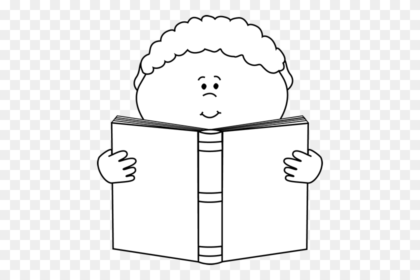 452x500 Black And White Little Boy Reading A Book Clip Art - Student Reading Clipart Black And White