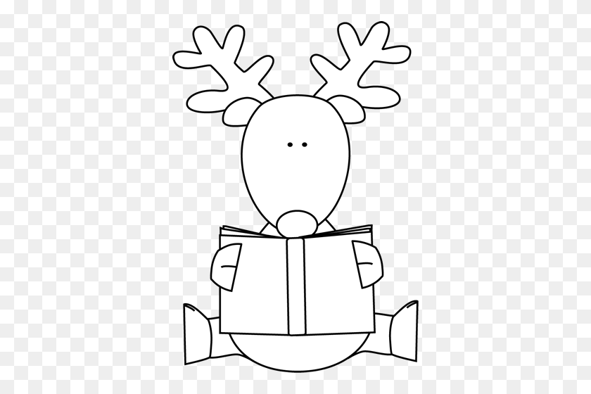 350x500 Black And White Reindeer Reading A Book Clip Art - Christmas Reindeer Clipart