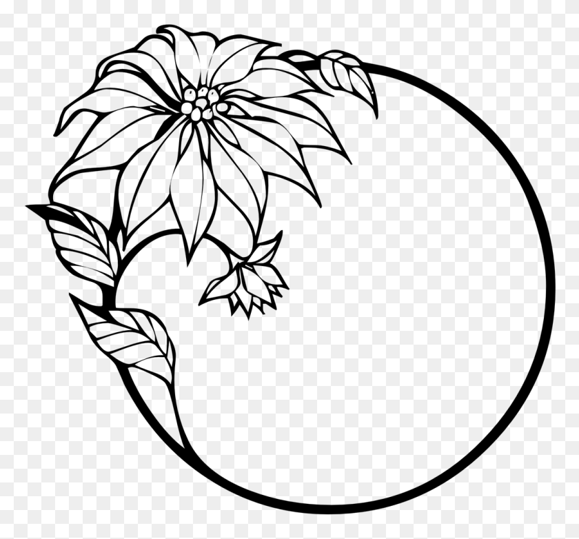 1079x1000 Black And White Round Frame With Abstract Flowers - Round Frame Clipart