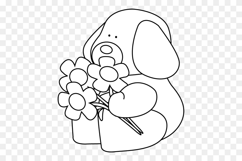 440x500 Black And White Valentine's Day Dog With Flowers Clip Art - Bouquet Of Flowers Clipart Black And White