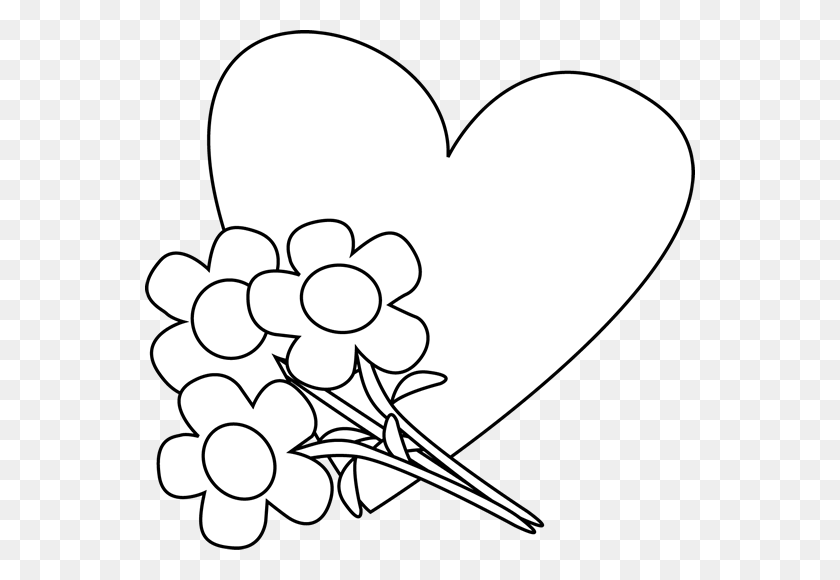 550x520 Black And White Valentine's Day Heart And Flowers Clip Art - Black Flower Clipart