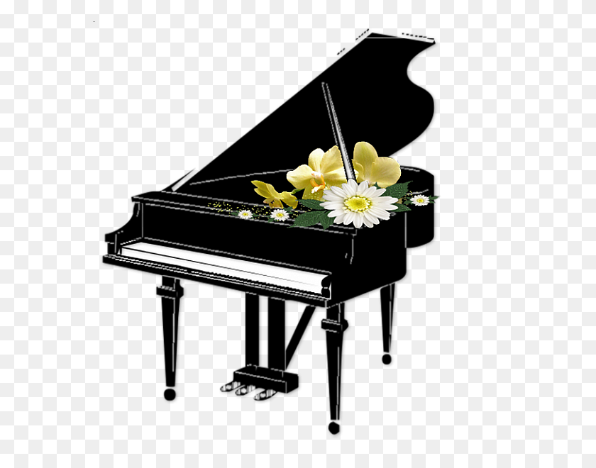 576x600 Черное Пианино С Цветами Прозрачный Клипарт Элементы Изобразительного Искусства - Фортепианный Клипарт Черный И Белый