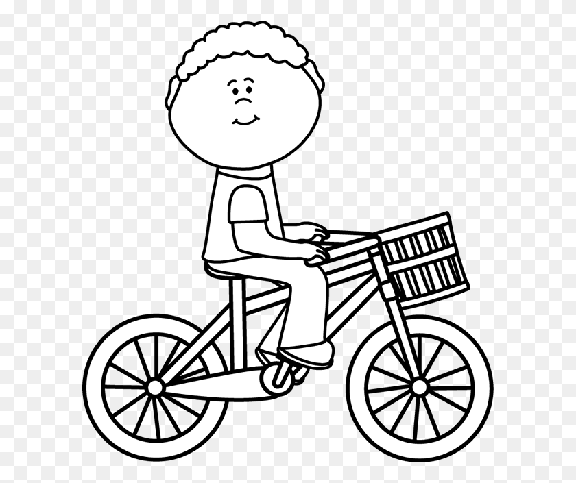 600x645 Black White Boy Riding A Bicycle With A Basket Clip Art - Black Boy Clipart