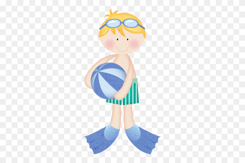 265x500 Blond Haired Boy With Beach Ball A Day In The Water Clipart - Cute Ocean Clipart
