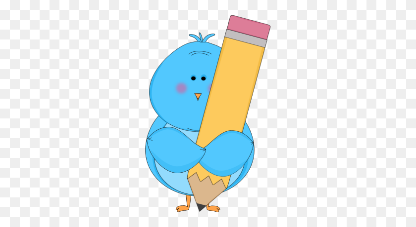 254x400 Blue Bird Holding A Pencil Clip Art - Pencil Writing Clipart