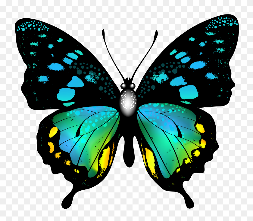 7394x6401 Blue Colorful Butterfly Png Clip Art - Free Clipart Of Flowers And Butterflies