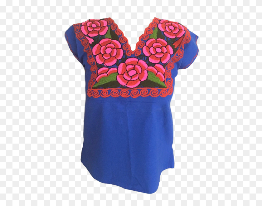 463x600 Blusa Mexicana Azul Con Flores Diseños De Casa Fiesta - Flores Mexicanas Png