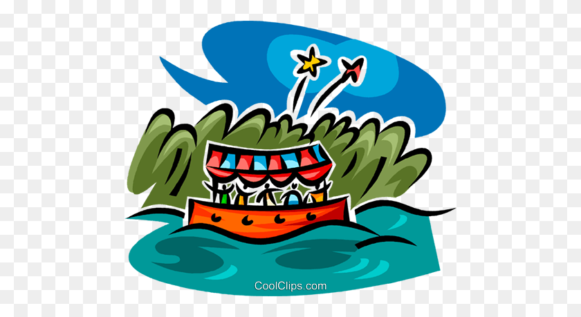480x399 Boat Ride And Fireworks Royalty Free Vector Clip Art Illustration - Firework Clipart Images