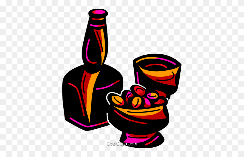 411x480 Bottle Of Liquor With Glasses Royalty Free Vector Clip Art - Booze Clipart