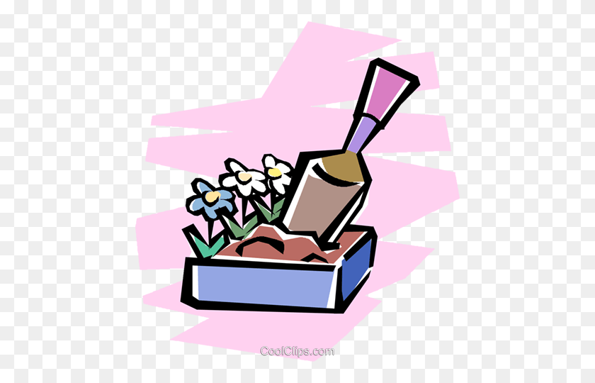 458x480 Box Of Flowers And Gardening Tools Royalty Free Vector Clip Art - Garden Tools Clipart