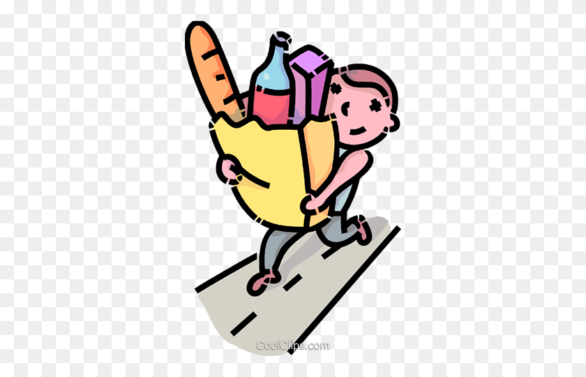 310x480 Boy Carrying A Bag Of Groceries Royalty Free Vector Clip Art - To Go Shopping Clipart