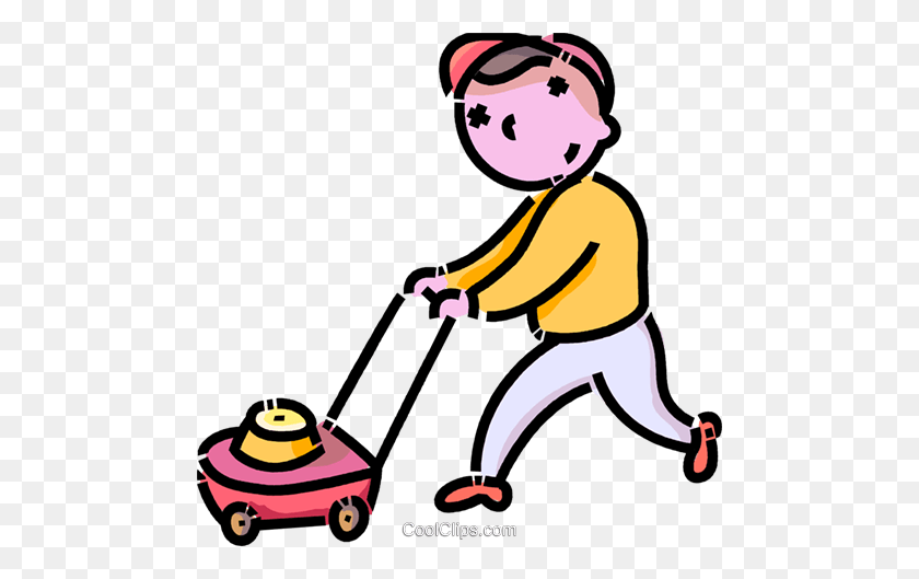 480x469 Boy Cutting The Grass Royalty Free Vector Clip Art Illustration - Mowing Grass Clipart