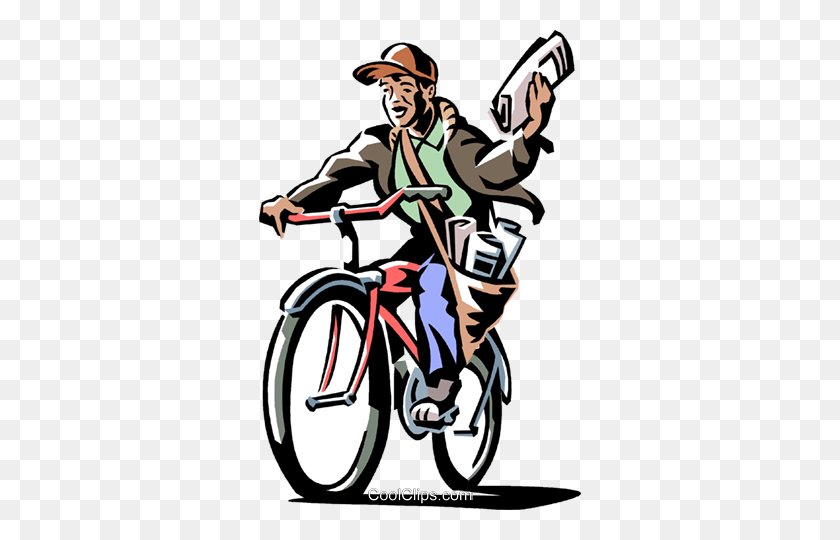 322x480 Niño Entregando Un Periódico En Su Bicicleta Royalty Free Vector Clip - Newspaper Boy Clipart