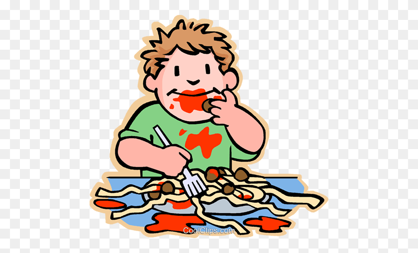 480x449 Niño Comiendo Espaguetis Y Bolas De Carne Clipart Vector Libre De Regalías - Gente Comiendo Png