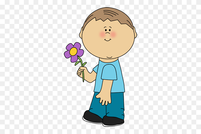 306x500 Boy Holding A Flower Clip Art - Sidewalk Clipart